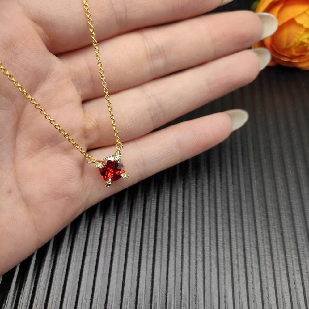 David Yurman Cushion Cut Red Gemstone Pendant Gold Chain Necklace